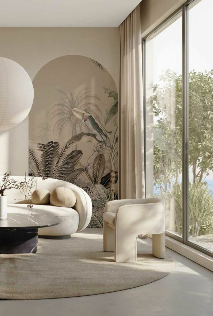 Minimalist living room with modern furniture, large windows, and tropical wallpaper creating a serene ambiance.