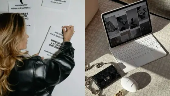 Woman posting announcement on wall; tablet with fashion images and accessories on table.