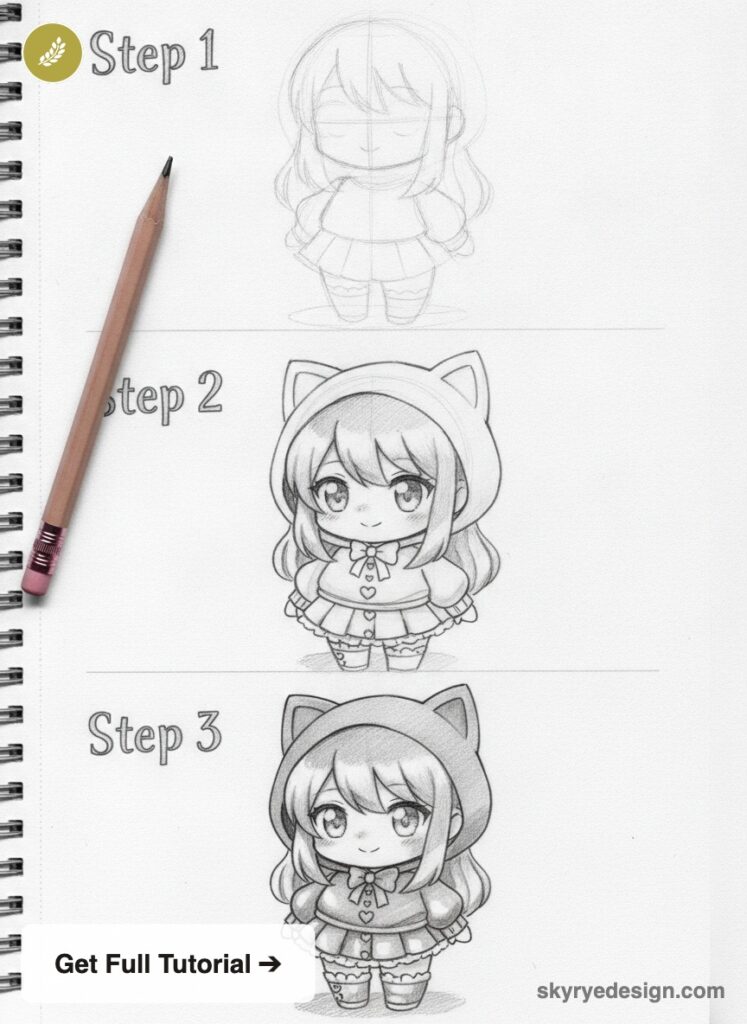 anime-tutorial-kawaii-outfit Chibi drawing tutorial: pencil sketch showing three stages of a kawaii girl wearing a cat-eared hoodie on sketchbook. | Sky Rye Design Chibi drawing tutorial: pencil sketch showing three stages of a kawaii girl wearing a cat-eared hoodie on sketchbook.