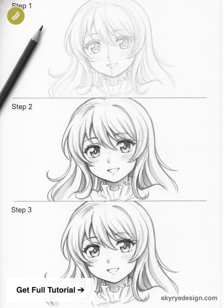 anime-tutorial-anime-style-sketch-of-smiling-girl-with-long-hair-and-ruffled-collar Anime girl drawing tutorial - 3-step pencil sketch to shaded manga portrait | Sky Rye Design Anime girl drawing tutorial - 3-step pencil sketch to shaded manga portrait