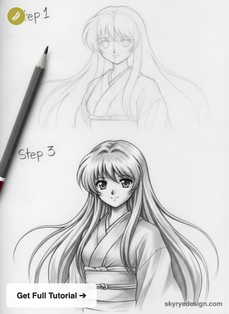 anime-tutorial-anime-character-pencil-drawing-girl-with-long-hair-and-kimono How to draw manga: pencil sketch to shaded anime woman in kimono with long flowing hair. | Sky Rye Design How to draw manga: pencil sketch to shaded anime woman in kimono with long flowing hair.