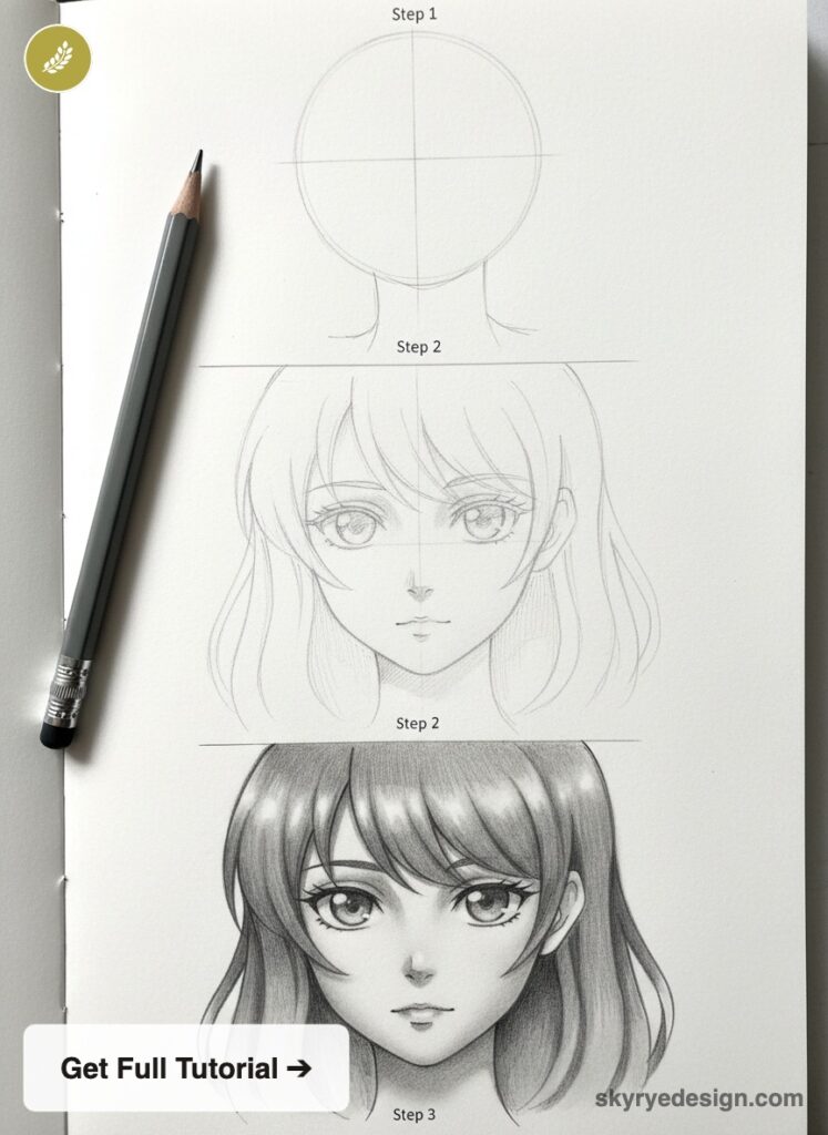 Pencil anime drawing tutorial: step-by-step manga girl face from guide circle to detailed shaded portrait