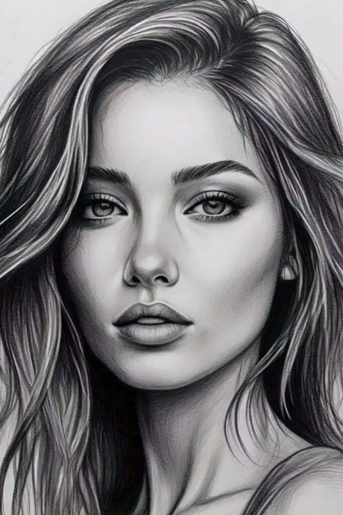 Black and white pencil sketch of a woman's face with detailed features and flowing hair.