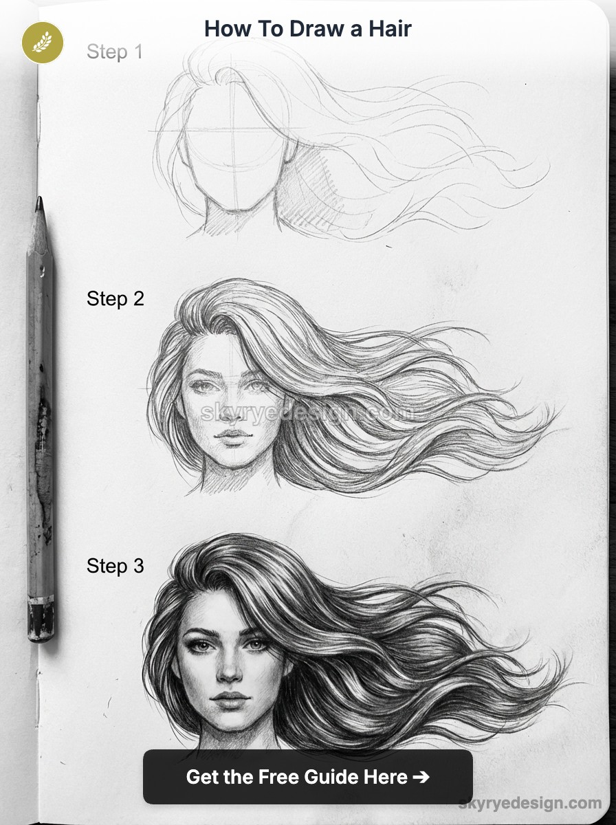 tutorial-woman-hair Step-by-step pencil hair drawing tutorial: three sketches from basic outline to detailed realistic flowing hair | Sky Rye Design Step-by-step pencil hair drawing tutorial: three sketches from basic outline to detailed realistic flowing hair