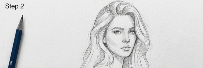 how-to-draw-hair-1-2 Pencil portrait sketch of a young woman with flowing hair and a blue pencil at left — Step 2 drawing tutorial | Sky Rye Design Pencil portrait sketch of a young woman with flowing hair and a blue pencil at left — Step 2 drawing tutorial
