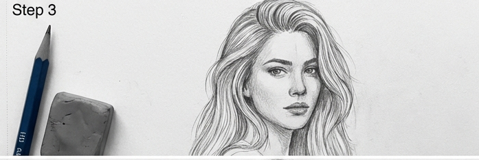 how-to-draw-hair-1-3 Realistic pencil portrait sketch of young woman with pencil and eraser, drawing tutorial Step 3 | Sky Rye Design Realistic pencil portrait sketch of young woman with pencil and eraser, drawing tutorial Step 3