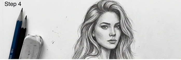 how-to-draw-hair-1-4 Realistic pencil portrait of a woman on paper with pencils and eraser — step 4 of a drawing tutorial | Sky Rye Design Realistic pencil portrait of a woman on paper with pencils and eraser — step 4 of a drawing tutorial