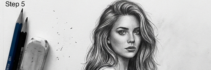 how-to-draw-hair-1-5 Realistic pencil portrait drawing tutorial: woman with long hair, pencils and eraser visible (Step 5) | Sky Rye Design Realistic pencil portrait drawing tutorial: woman with long hair, pencils and eraser visible (Step 5)