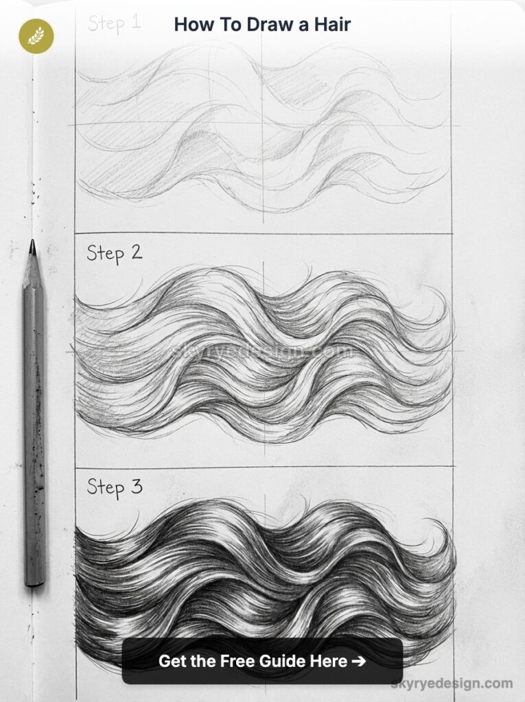 tutorial-vawy-hair How to draw hair - pencil tutorial: 3-step wavy hair sketch showing realistic strands, shading and highlights | Sky Rye Design How to draw hair - pencil tutorial: 3-step wavy hair sketch showing realistic strands, shading and highlights