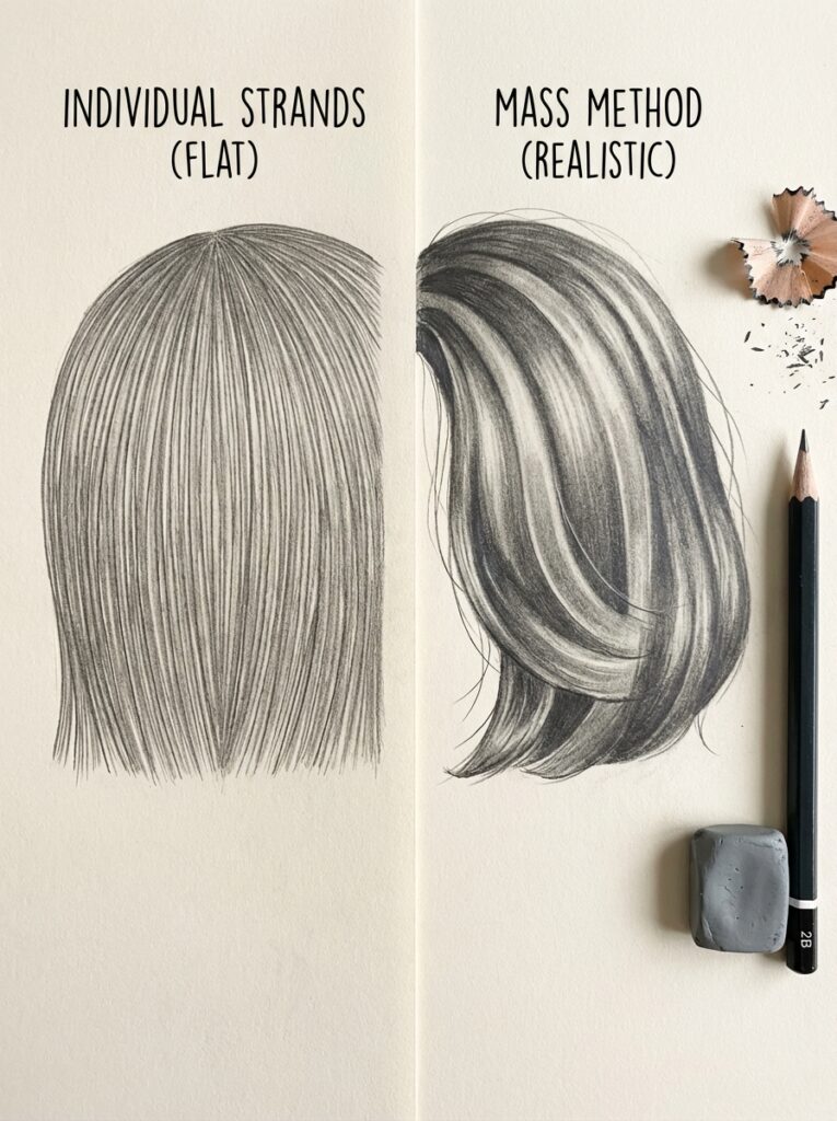 7e8e3328-b77b-4c94-b731-d2ae5cdf80cb Hair drawing tutorial: pencil side-by-side comparison of individual strands (flat) vs mass method (realistic) | Sky Rye Design Hair drawing tutorial: pencil side-by-side comparison of individual strands (flat) vs mass method (realistic)