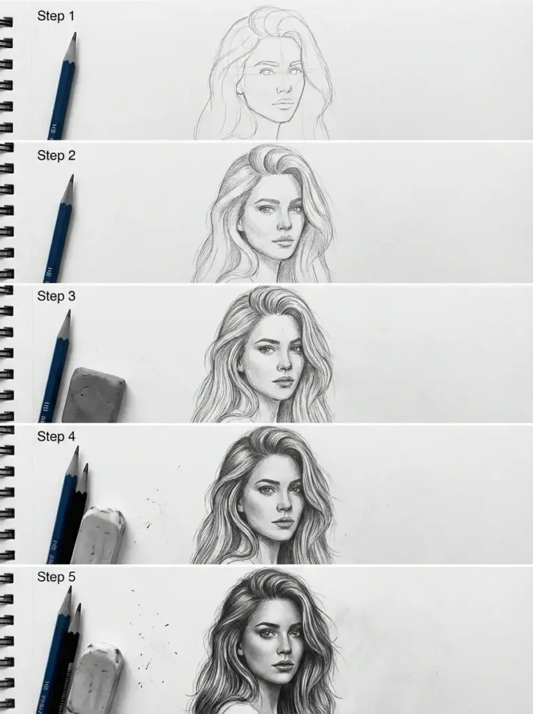 66fbb92a-fe15-48dc-b5f2-d7065b708f53 Step-by-step pencil portrait tutorial showing five stages of a realistic female face sketch with pencils and an eraser. | Sky Rye Design Step-by-step pencil portrait tutorial showing five stages of a realistic female face sketch with pencils and an eraser.