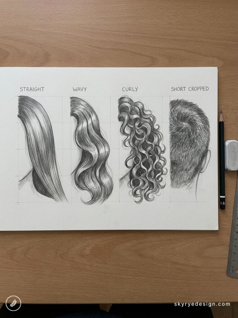 architecture-floor-plan 59 Pencil sketch chart of hair types: straight, wavy, curly and short-cropped, with pencil and ruler on wooden desk | Sky Rye Design Pencil sketch chart of hair types: straight, wavy, curly and short-cropped, with pencil and ruler on wooden desk