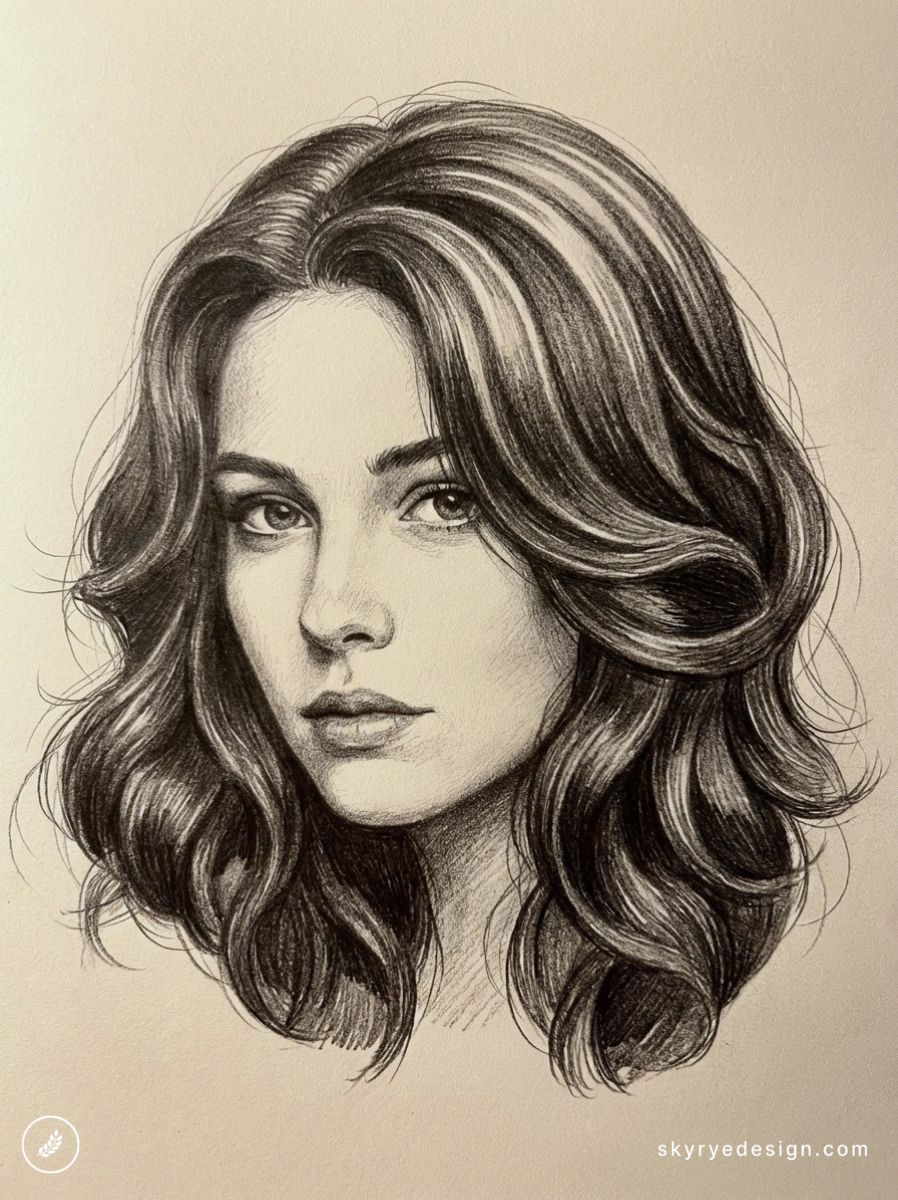 architecture-floor-plan 58 Pencil sketch portrait of a woman with wavy shoulder-length hair, realistic black-and-white hand-drawn study | Sky Rye Design Pencil sketch portrait of a woman with wavy shoulder-length hair, realistic black-and-white hand-drawn study