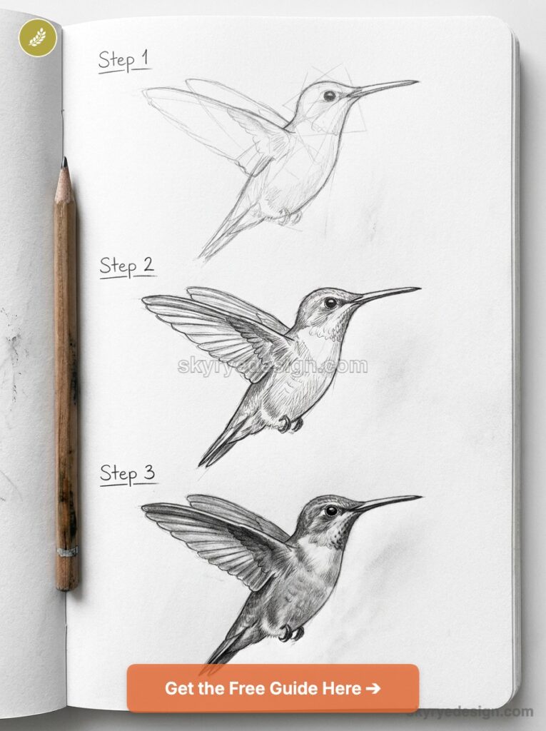 tutorial-hummingbird Hummingbird pencil drawing tutorial: three-step sketch progression in a sketchbook with wooden pencil. | Sky Rye Design Hummingbird pencil drawing tutorial: three-step sketch progression in a sketchbook with wooden pencil.