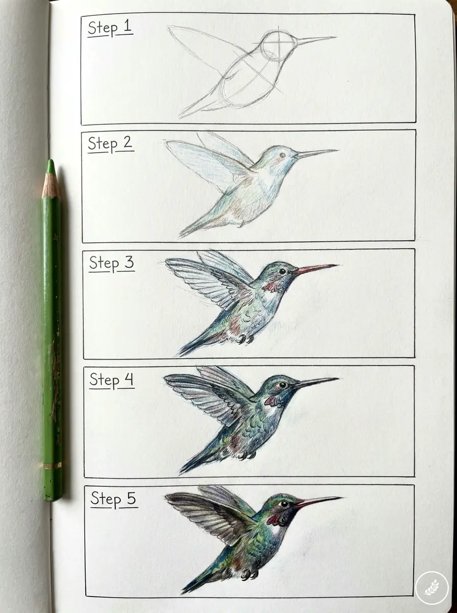 Colored_pencils_hummingbird_draw_202607230147 Five-panel colored-pencil tutorial of a hummingbird, showing progression from rough sketch to finished detailed illustration. | Sky Rye Design Five-panel colored-pencil tutorial of a hummingbird, showing progression from rough sketch to finished detailed illustration.