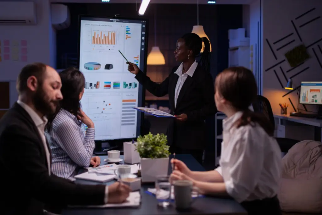 Business presentation in office: woman explaining charts on a screen to colleagues in a meeting room setting.