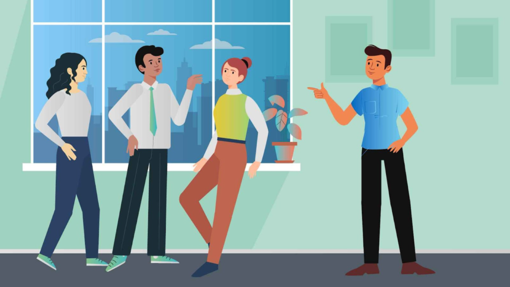 Illustration of four people having a casual meeting near a window in an office setting.