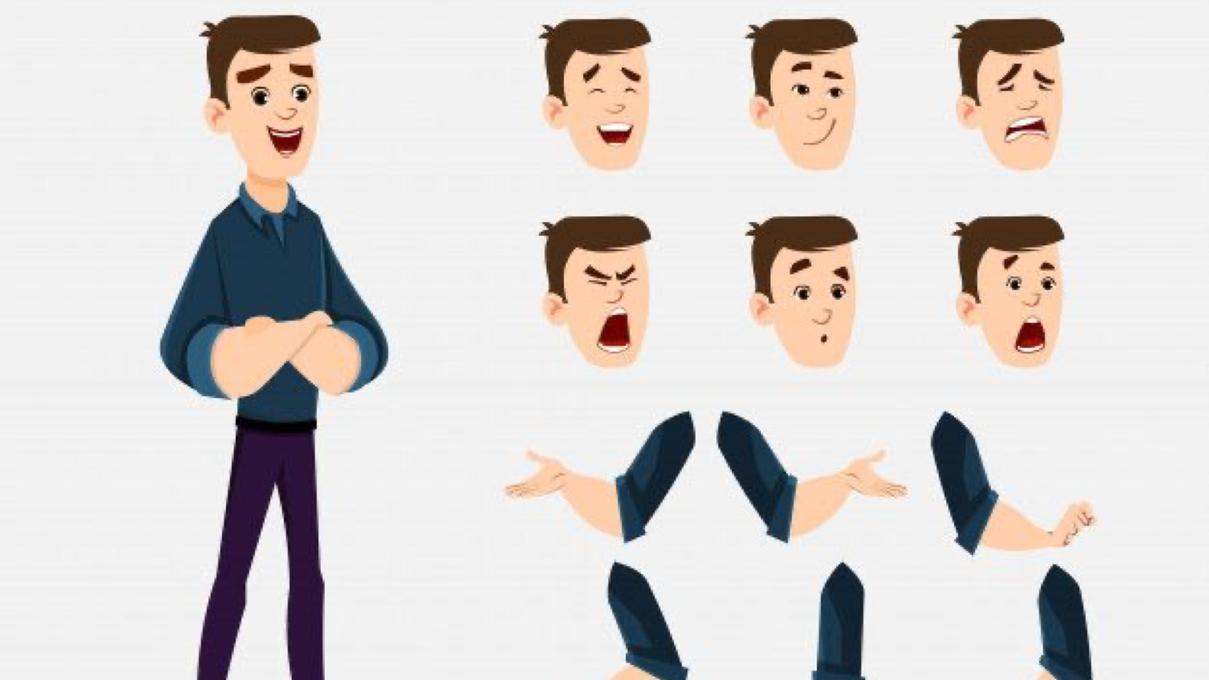 Illustration of a cartoon man with different expressions and gestures for animation design elements.