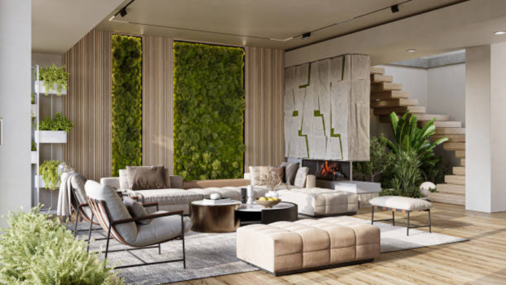 Modern living room with neutral tones, vertical garden, and stylish furniture, featuring an indoor staircase and fireplace.