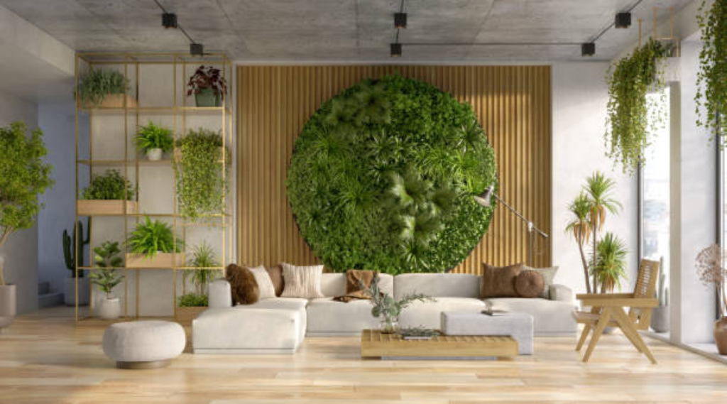 Modern living room with vertical garden, cozy white sofa, wooden accents, and bright greenery for a fresh, inviting space.