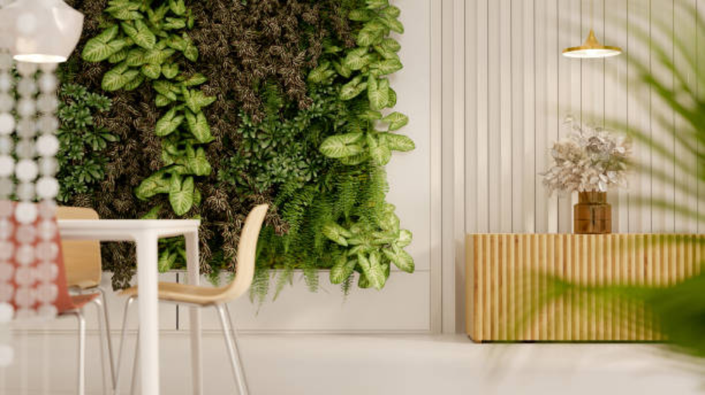 Modern interior with vertical plant wall, wooden furniture, and soft lighting.