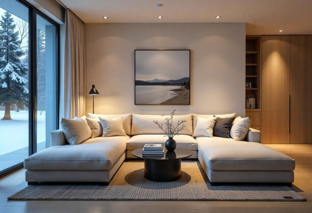 Modern living room with beige sectional sofa, black coffee table, and large window overlooking snowy outdoor scene.