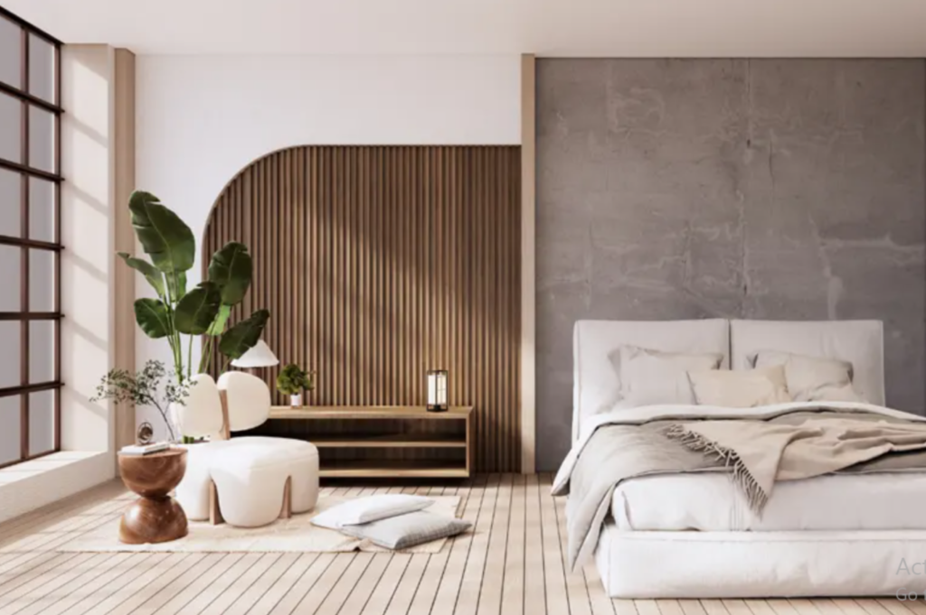 image Modern bedroom with wooden accents, large windows, white bed, plush chair, and indoor plants for cozy ambiance. | Sky Rye Design Modern bedroom with wooden accents, large windows, white bed, plush chair, and indoor plants for cozy ambiance.