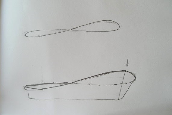 Shoe design sketch: pencil drawings of a sole/footbed, top loop view and side profile with arrows highlighting contour and heel lift.