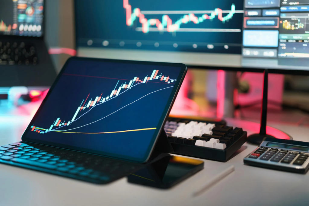 Tablet displaying a stock market chart with computer setup, highlighting trading analysis.