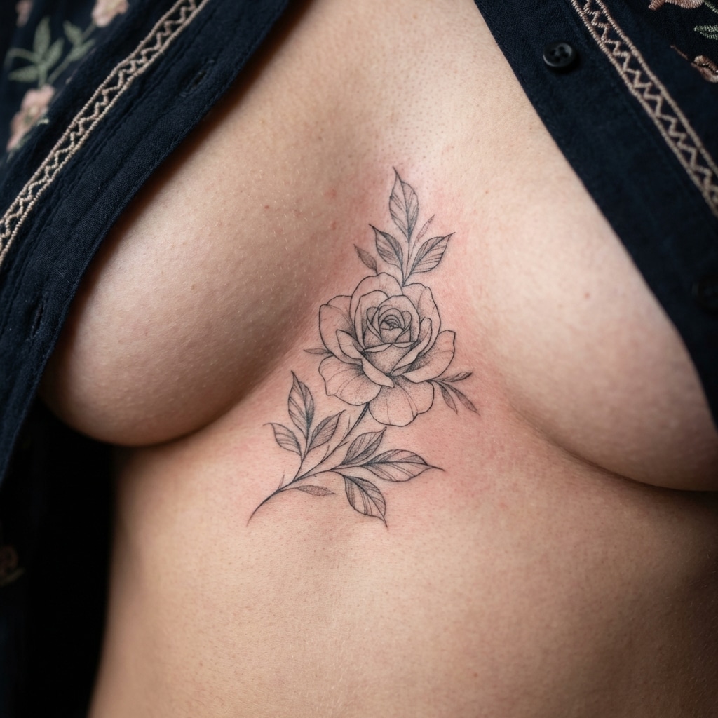 inkvision-tattoo 30 Delicate rose tattoo with leaves on skin, surrounded by embroidered black fabric. Ideal floral tattoo inspiration. | Sky Rye Design Delicate rose tattoo with leaves on skin, surrounded by embroidered black fabric. Ideal floral tattoo inspiration.