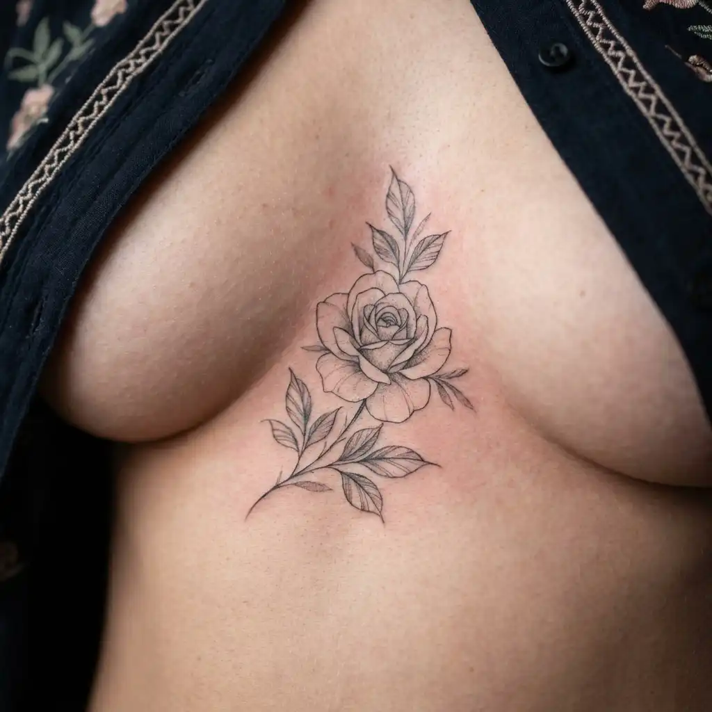 inkvision-tattoo 30 Delicate rose tattoo with leaves on skin, surrounded by embroidered black fabric. Ideal floral tattoo inspiration. | Sky Rye Design Delicate rose tattoo with leaves on skin, surrounded by embroidered black fabric. Ideal floral tattoo inspiration.