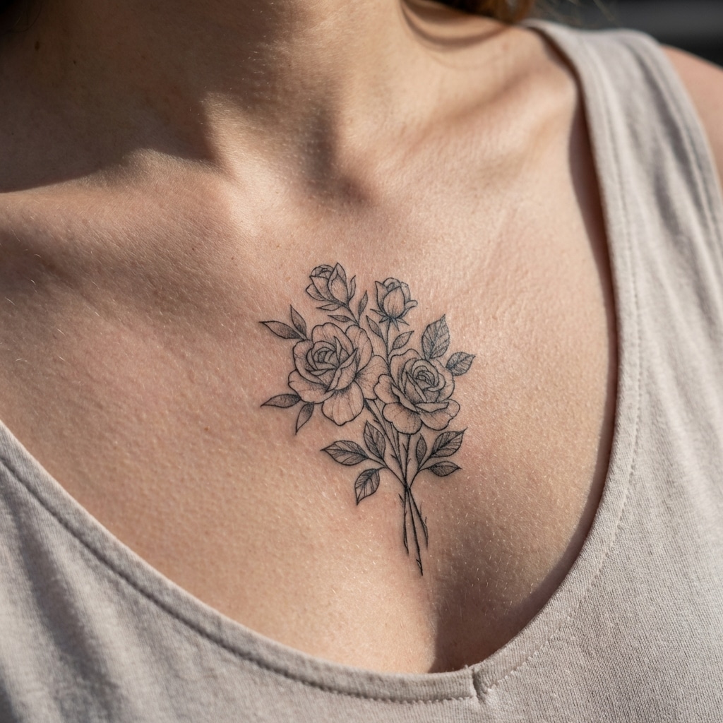 inkvision-tattoo 31 Chest tattoo of three roses in black ink, showcasing intricate floral design on pale skin, beneath a beige tank top. | Sky Rye Design Chest tattoo of three roses in black ink, showcasing intricate floral design on pale skin, beneath a beige tank top.