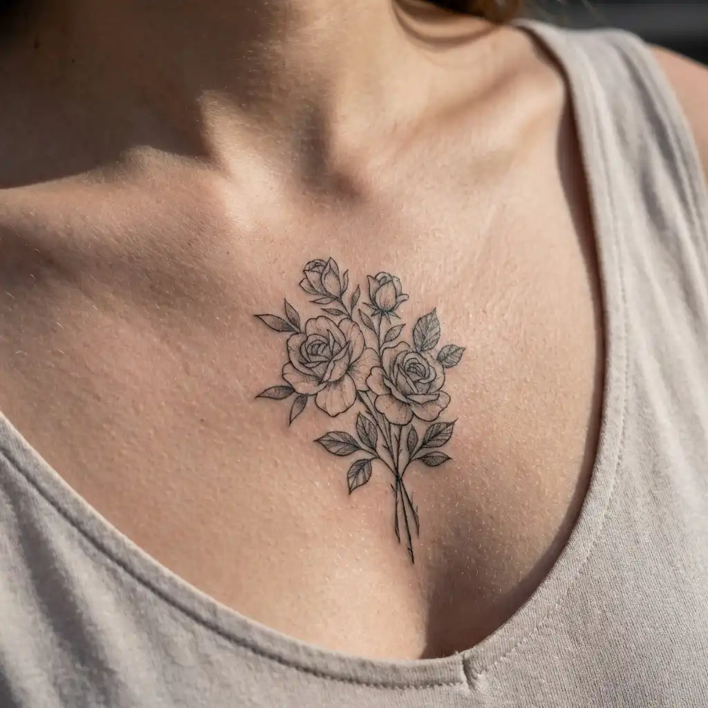 inkvision-tattoo 31 Chest tattoo of three roses in black ink, showcasing intricate floral design on pale skin, beneath a beige tank top. | Sky Rye Design Chest tattoo of three roses in black ink, showcasing intricate floral design on pale skin, beneath a beige tank top.