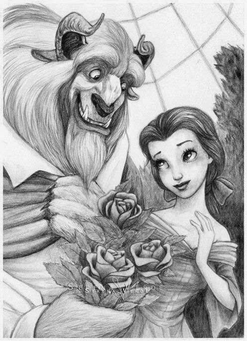 Illustration of a beast offering roses to a woman in a romantic setting, black and white sketch.