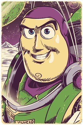 Vintage cartoon space ranger illustration with planet background, featuring iconic purple and green spacesuit design.