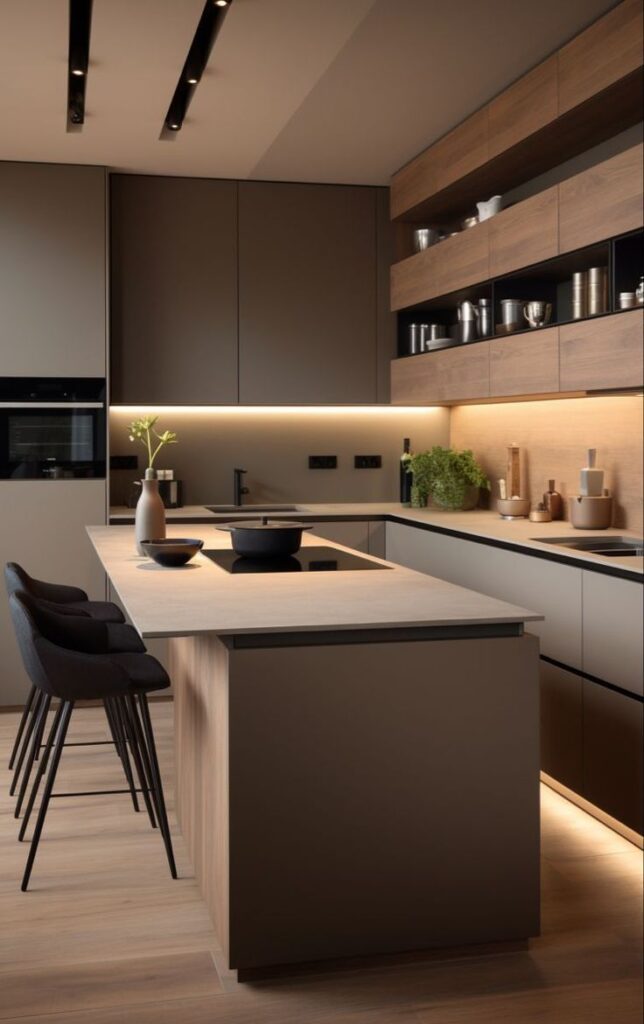 Sleek modern kitchen with island, illuminated shelves, and elegant dark cabinetry.