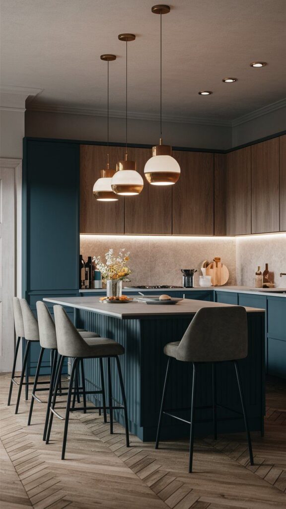 Modern kitchen with island, stylish pendant lights, and wood accents; sleek contemporary design theme.