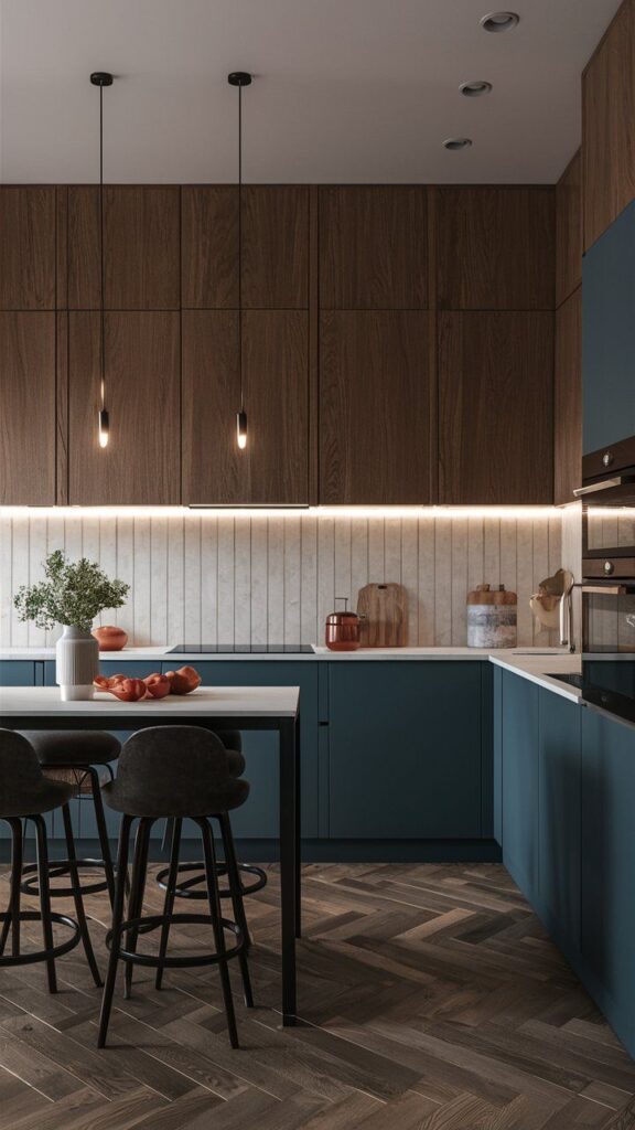 Modern kitchen with wood cabinets, teal accents, pendant lights, and herringbone floor design. Sleek and stylish decor.