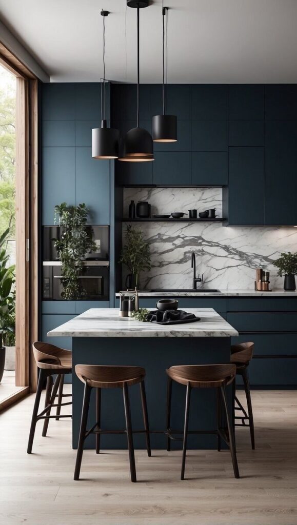 Modern kitchen with dark cabinets, marble backsplash, island and stools, under pendant lighting. Scandinavian design.