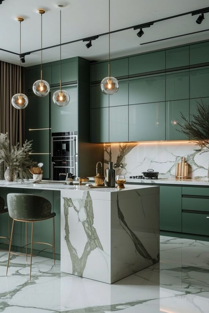 Modern kitchen with green cabinets, marble island, pendant lights, and elegant decor.