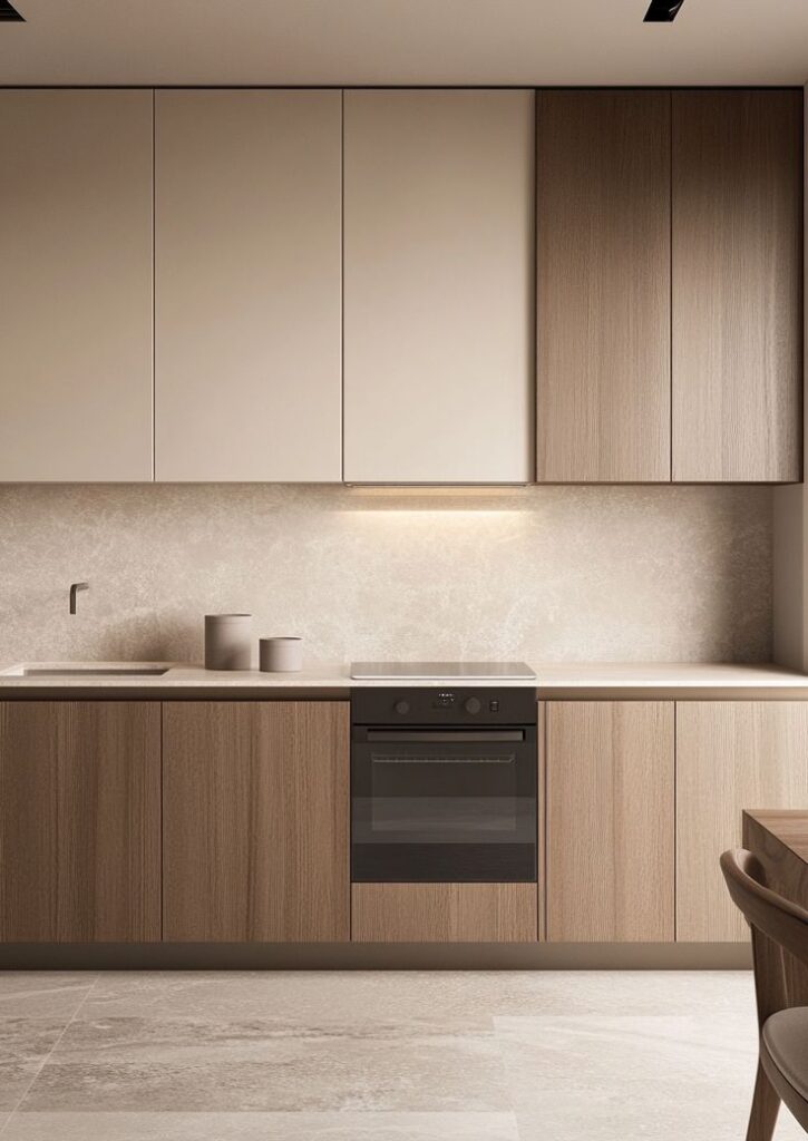 Modern minimalist kitchen with wooden cabinets, integrated oven, and sleek countertops in neutral tones.