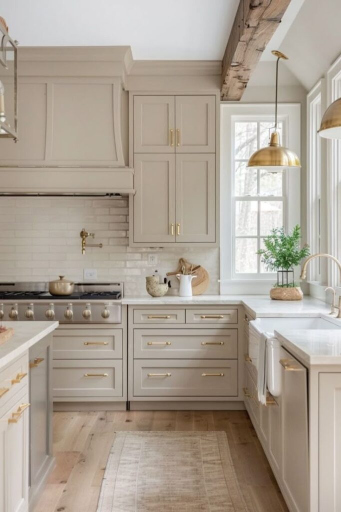 Modern kitchen with beige cabinets, gold fixtures, farmhouse sink, and wooden beam ceiling. Bright and airy design.