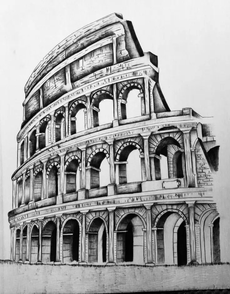 Detailed sketch of the Roman Colosseum highlighting ancient architecture and iconic arches.