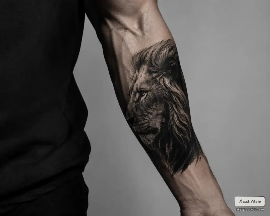 89e2582e-fb45-4756-bb49-2fa692d53777 Realistic black-and-gray lion tattoo, profile view with detailed mane on inner forearm | Sky Rye Design Realistic black-and-gray lion tattoo, profile view with detailed mane on inner forearm