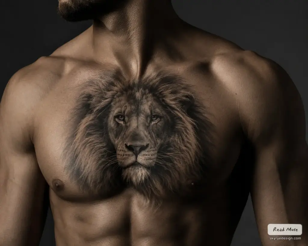 db503094-980c-467e-8288-50f0283fe1cf Realistic black-and-gray lion head chest tattoo on a muscular male torso, close-up detail | Sky Rye Design Realistic black-and-gray lion head chest tattoo on a muscular male torso, close-up detail