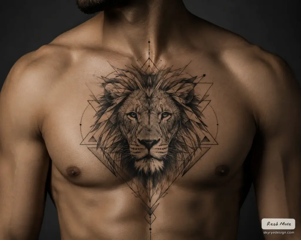 b15b0eee-cfde-4a74-b922-f090e256c378 Geometric lion chest tattoo on male torso, detailed black ink lion head with symmetrical shapes and dotwork. | Sky Rye Design Geometric lion chest tattoo on male torso, detailed black ink lion head with symmetrical shapes and dotwork.