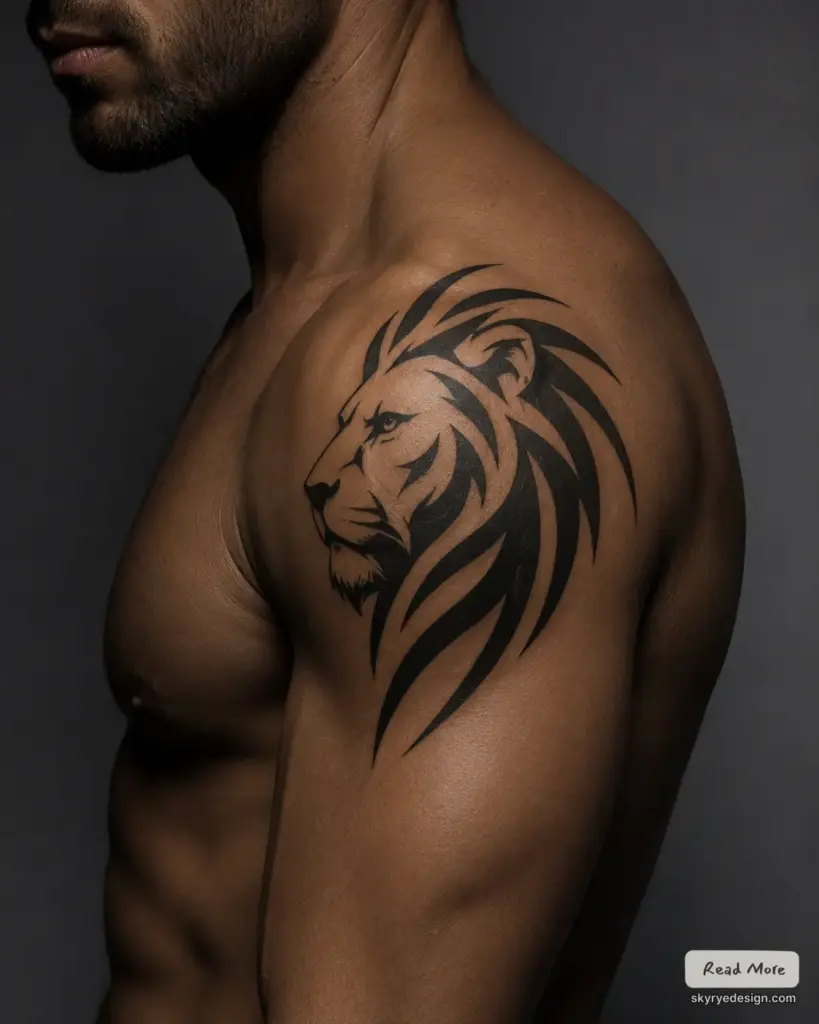 248d8d05-6c13-4bcc-bb88-e7246d46dcfc Black ink tribal lion shoulder tattoo on muscular male upper arm and torso, bold linework and flowing mane design | Sky Rye Design Black ink tribal lion shoulder tattoo on muscular male upper arm and torso, bold linework and flowing mane design