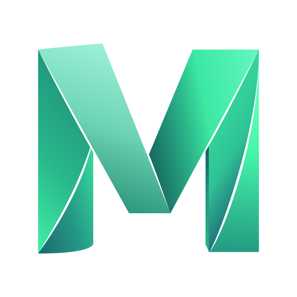 Green letter M logo with a 3D ribbon design on a white background.