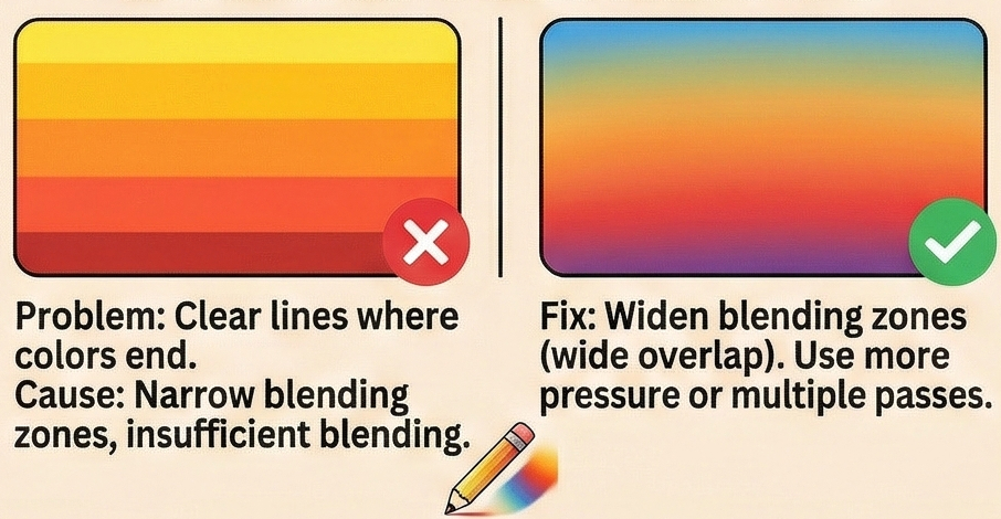Color blending colored pencil tutorial showing banded stripes problem and fix: widen blending zones for smooth gradient, use more pressure.