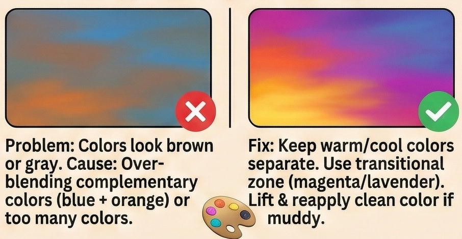 Split graphic: muddy brown/gray gradient from overblended blue+orange vs vibrant warm/cool gradient with magenta/lavender transitional zone.